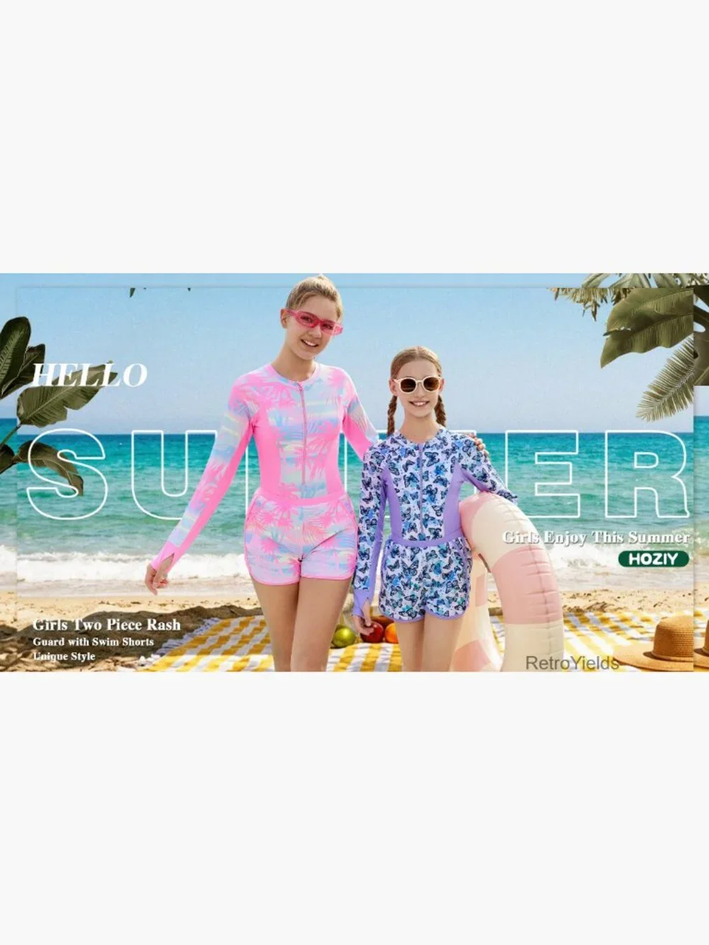 Girls UPF 50+ Long Sleeve Rash Guard 2 Piece Swimsuit Set with Shorts